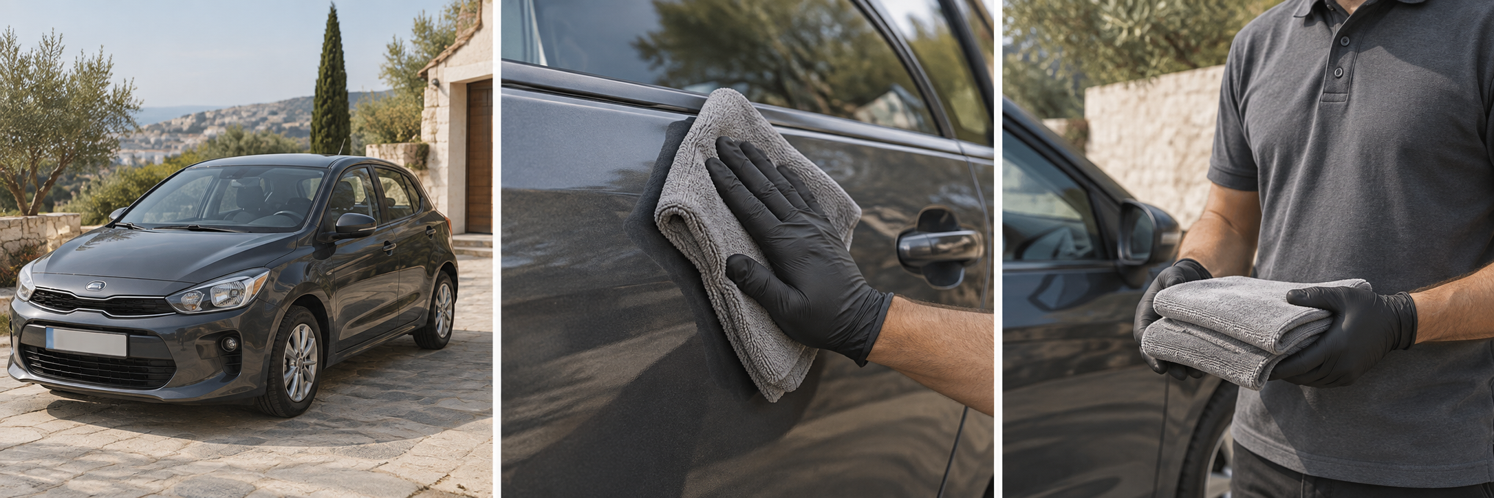A gloved hand carefully wiping a car with a fresh microfiber towel
